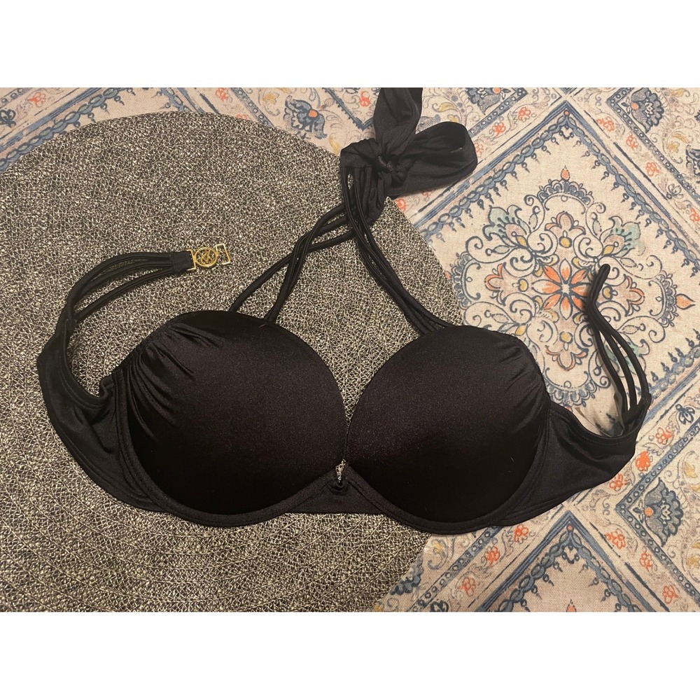 Victoria's Secret Black Push Up Halter Bikini Top Gold Logo Clasp 36B